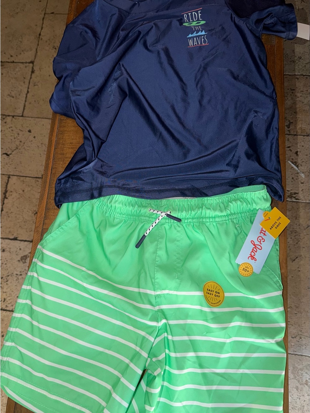 Target Kids Swim Set Navy Top and Bright Green Striped Swim Trunks